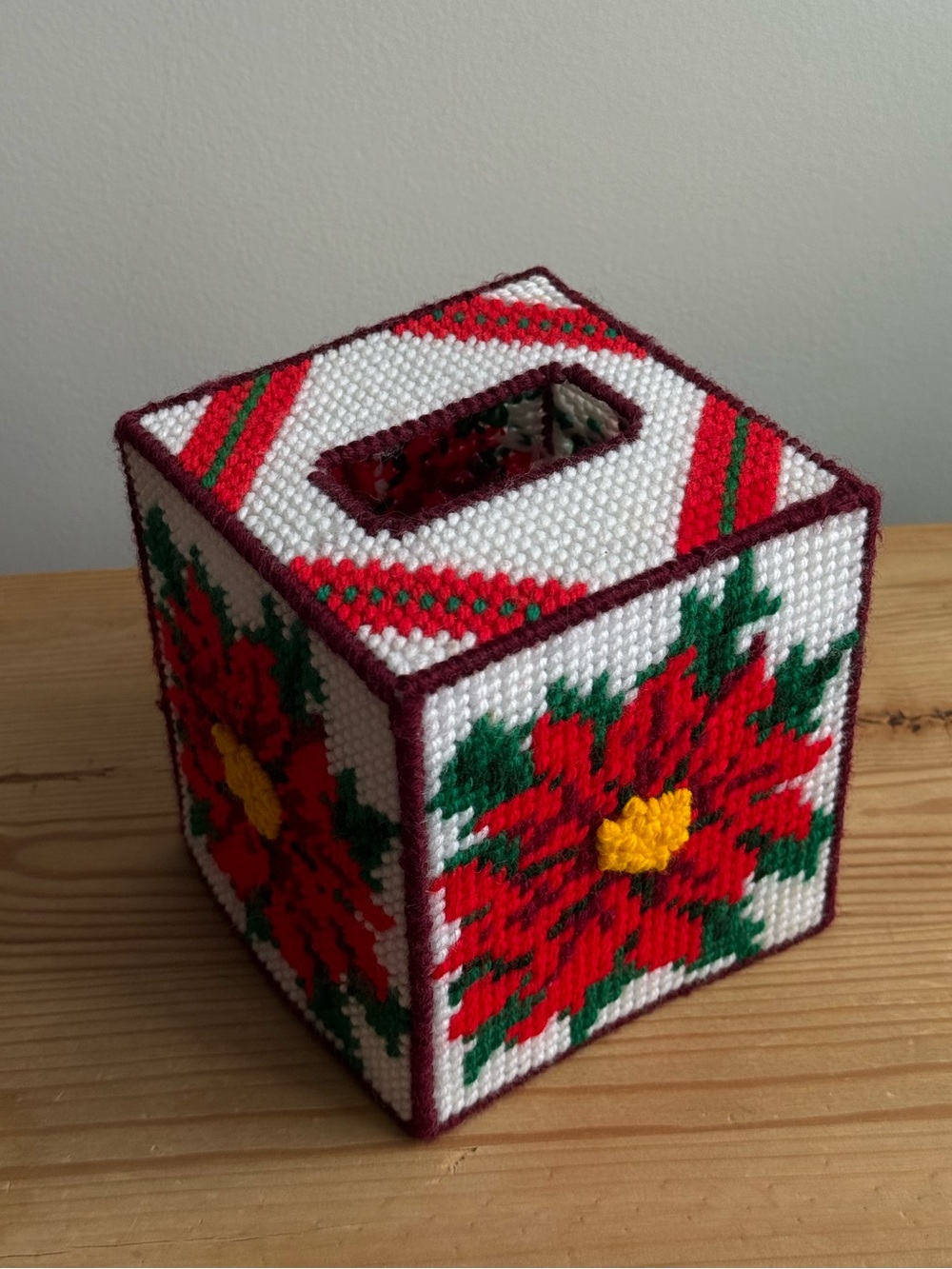 Pointsetta Christmas Canvas Needlepoint Square Tissue Box Decor Cover